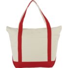 Beige tote bag with red handles and trim.