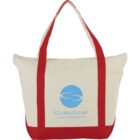 Canvas tote bag with red handles and trim, featuring a blue and white logo and text.