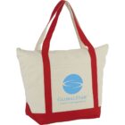 Canvas tote bag with red straps and GlobalStar travel management logo in blue.