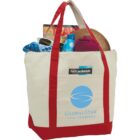 Beige and red tote bag with travel items, labeled GlobalStar travel management.