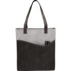 Gray and black tote bag with exterior pockets and two handles.