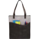 Transparent tote bag with black handles, holding books and pens in the front pocket.