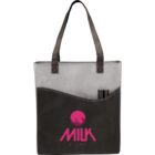 Transparent tote bag with black accents and Milk Films logo in pink.