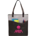 Black and gray tote bag with Milk Films logo, containing books and pens.
