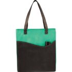 Green and black tote bag with black handles and a front pocket.