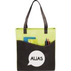 Black and green tote bag with ALIAS logo, containing notebooks and pens.