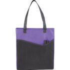 Purple and black tote bag with black handles and a pen in the front pocket.