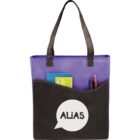 Purple and black tote bag with ALIAS logo and books in the pocket.