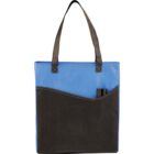 Blue and black tote bag with brown handles and front pocket.