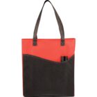 Red and black tote bag with black handles and two rolled papers in the front pocket.