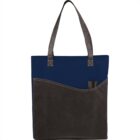 Two-tone tote bag with dark gray handles and pocket, featuring a blue top section and two pens.