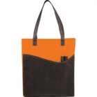 Orange and black tote bag with two pens in front pocket.