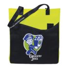 Green and black reusable tote bag with a Grocery Joes logo and cartoon delivery person.
