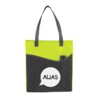 Tote bag with black and green sections and ALIAS in a white speech bubble design.