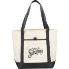 Beige tote bag with black handles and trim, featuring Enrico Serafino text on the front pocket.