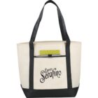 Beige tote bag with Serafino logo and black handles. Pocket with pattern peeks out.