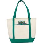 Beige tote bag with green straps and a small outer pocket.