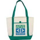 Canvas tote bag with green handles and APVE Embraer logo.
