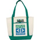 White and green tote bag with APVE and Embraer logos on the front pocket.