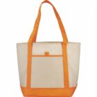 A beige tote bag with orange handles and trim.