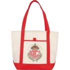 Red and white tote bag with a sports emblem design on the front.