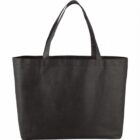 Plain black tote bag with two handles on a white background.