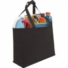 Black tote bag filled with various items, including bottles and magazines.