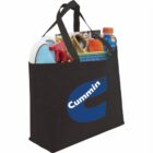 Black tote bag with Cummins logo, filled with various items including a cap and a drink bottle.