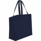A plain, dark blue tote bag with two handles against a white background.
