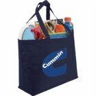 Blue tote bag with Cummins logo, filled with various items including a magazine and a bottle.