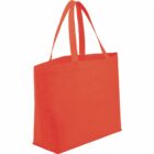 Bright orange tote bag with two handles, standing upright.