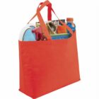 Red tote bag filled with magazines, a water bottle, and various items.