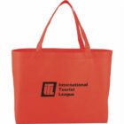 Red tote bag with the International Tourist League logo in black.