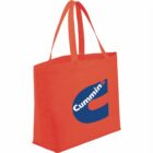 Red tote bag with Cummins logo in blue on the side.