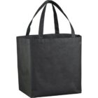 Black reusable tote bag with two handles on a white background.