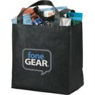 Black tote bag with foneGEAR logo, filled with magazines and various items.