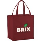 Red tote bag with BRIX Leisure & Outdoor Gear and a leaf logo printed on it.