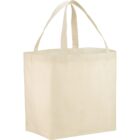 A plain beige tote bag with two handles.