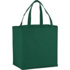 Green reusable tote bag with two handles, standing upright.