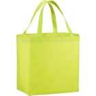 A bright yellow tote bag with handles on a white background.