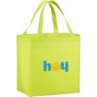 Bright green tote bag with hoy and sun logo printed on the side.