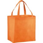 Orange reusable tote bag with two handles, standing upright.