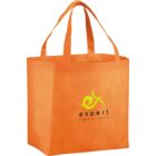 Orange tote bag with expert and power of simple printed in black and green on the side.