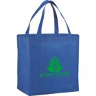 Blue tote bag with Botanic Garden Fort Worth and leaf logo in green.