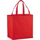 Red tote bag with short handles, standing upright on a white background.