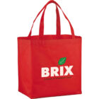 Red tote bag with BRIX, Leisure & Outdoor Gear and leaf logo.