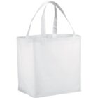 Plain white tote bag with two handles, standing upright.