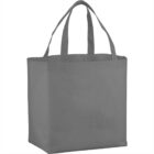 Gray reusable shopping tote bag with handles, standing upright.
