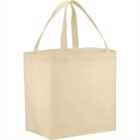 Beige tote bag with two handles, standing upright against a white background.