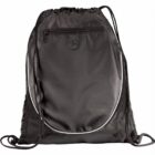 Black drawstring backpack with zippered front pocket and mesh side panels.